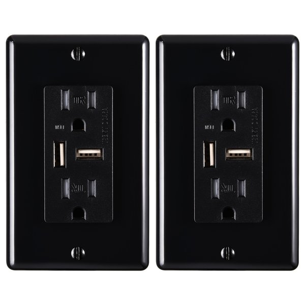 Faith 4.6A USB Outlet and 15A Decorator Tamper-Resistant Duplex Receptacle with Wall Plate, Black, 2PK USB46-BK-02